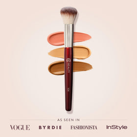 BK BEAUTY brush next to foundation illustrating compact size advantage