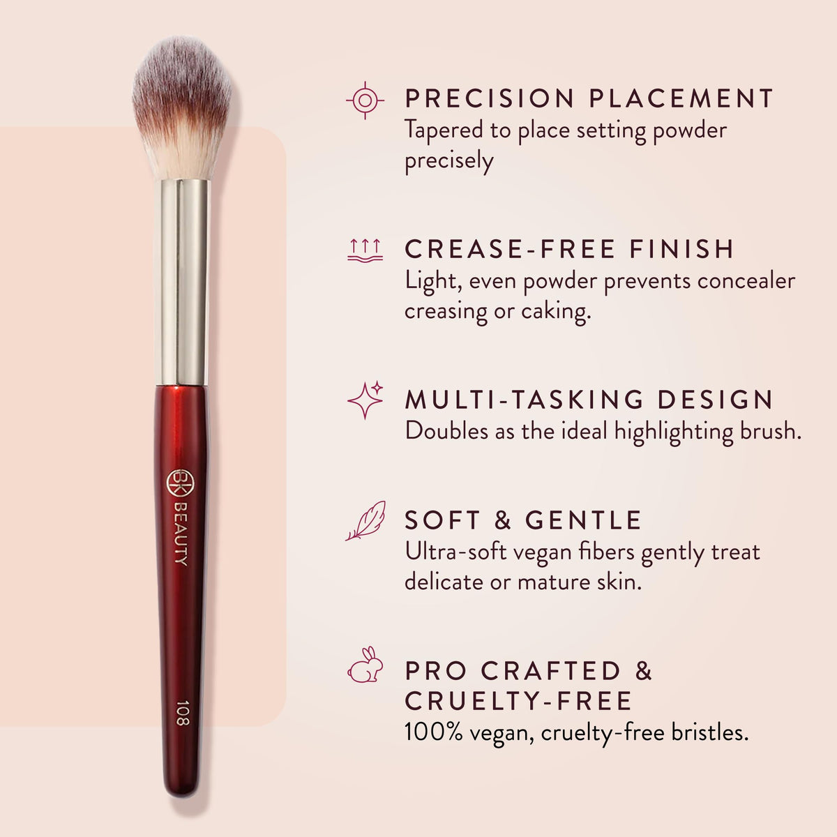 BK BEAUTY 108 close-up of ultra-soft synthetic bristles for gentle, crease-free application