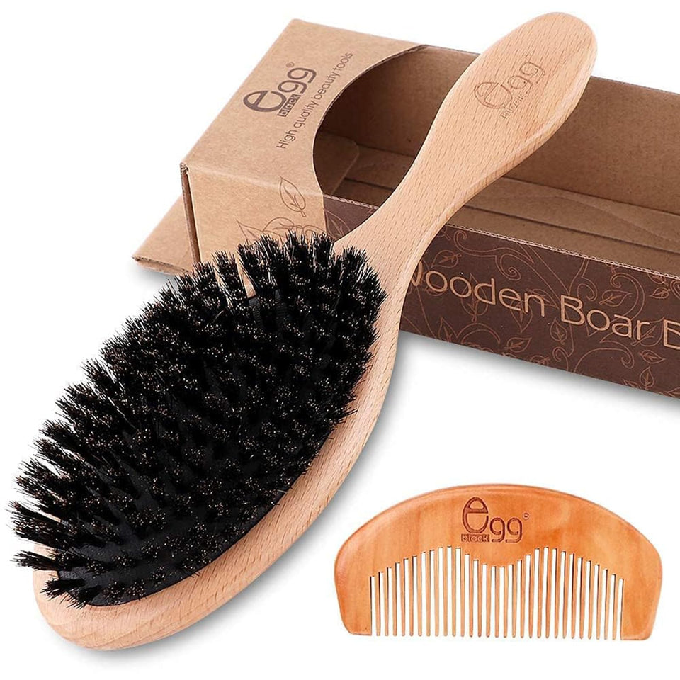 BLACK EGG front view paddle brush showing polished beech wood handle and bristles benefit detangling