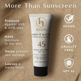 black girl sunscreen applied under makeup demonstrating matte finish benefit
