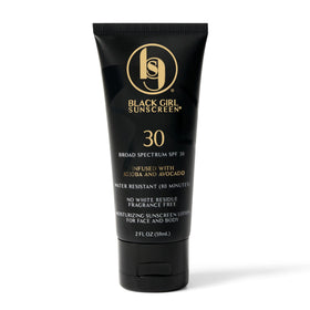 Black Girl Sunscreen front packaging showing SPF 30 and travel size benefit