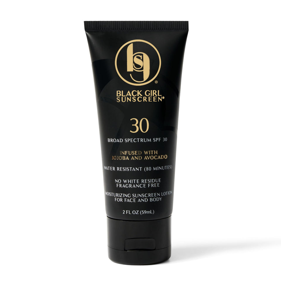 Black Girl Sunscreen front packaging showing SPF 30 and travel size benefit