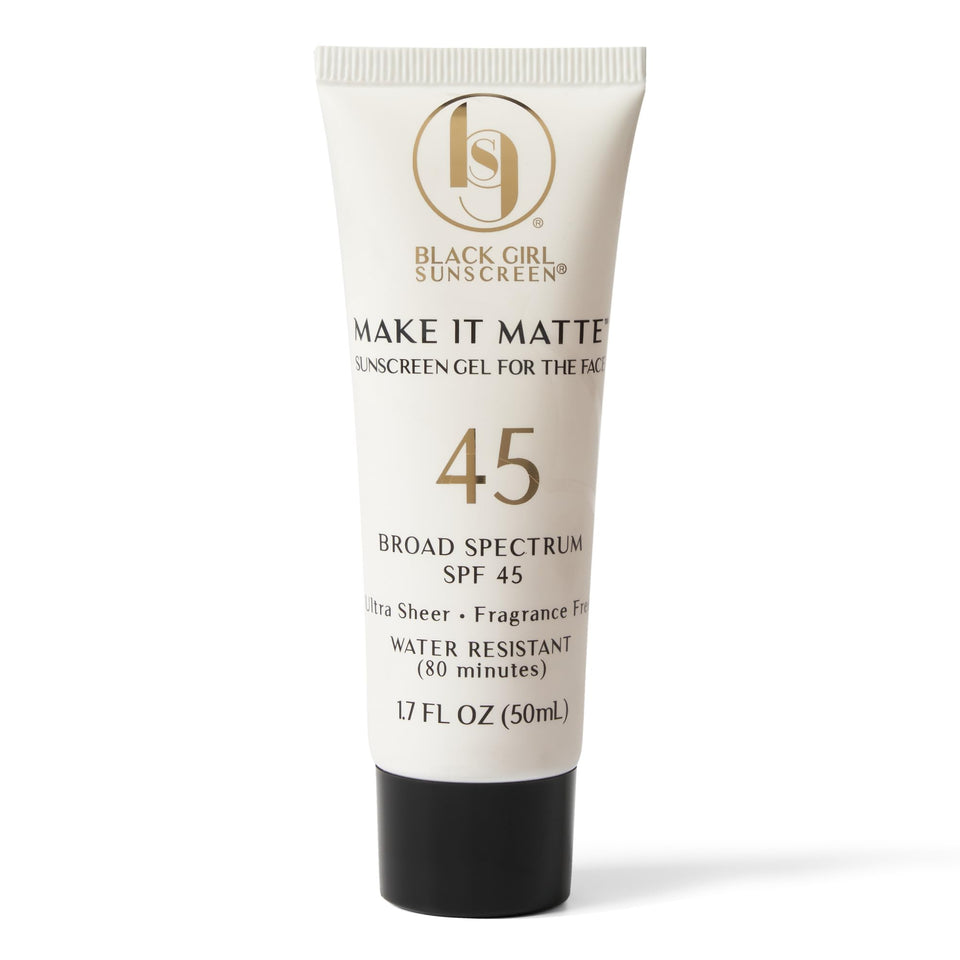 black girl sunscreen front packaging showing tube and SPF45 benefit