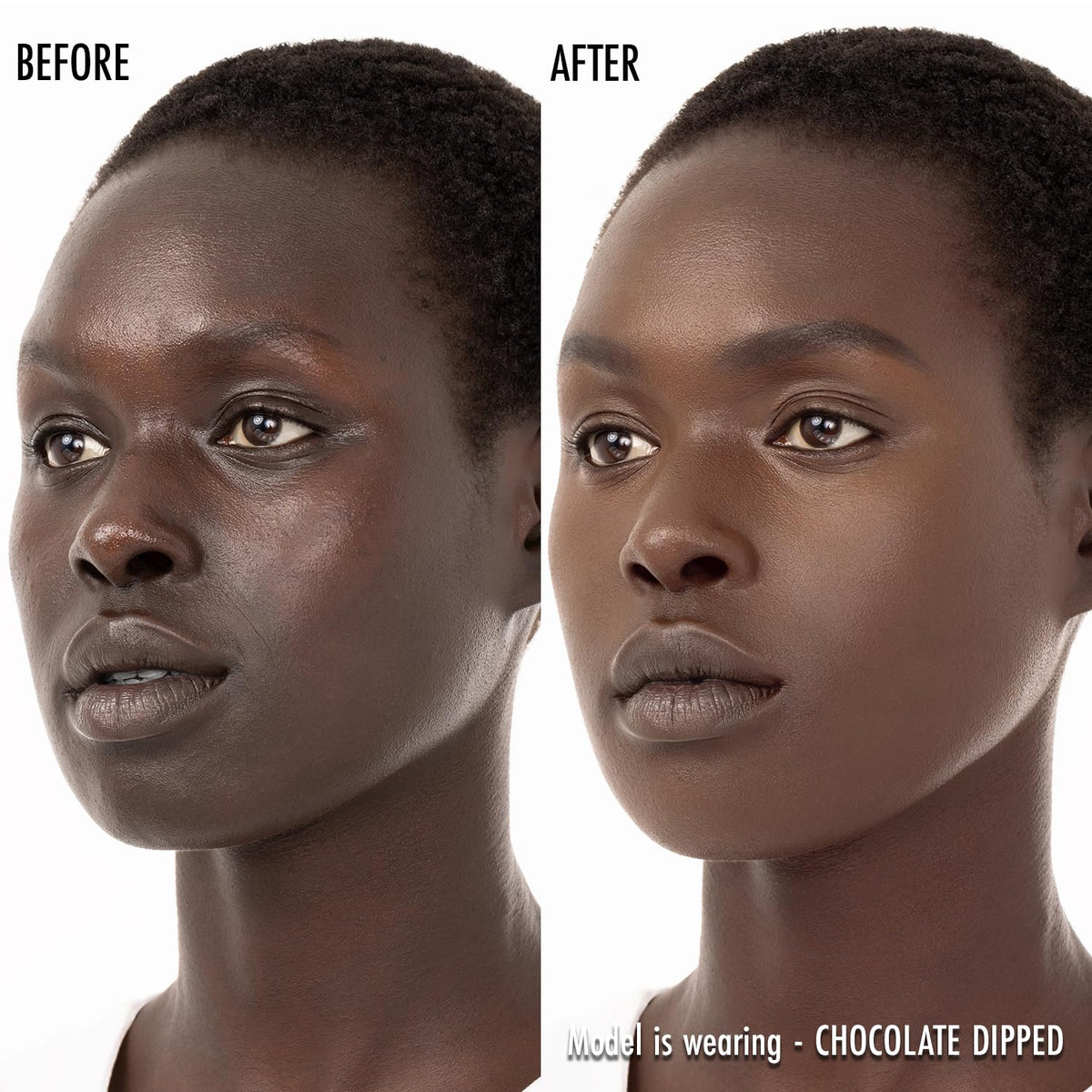 Black Radiance application on cheek showing contouring and blended finish benefit