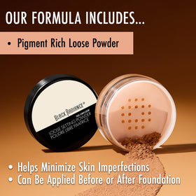 Black Radiance jar open with sifter detail for controlled application