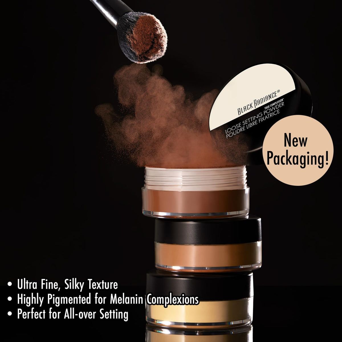 Black Radiance loose powder texture close-up showing silky finish for smooth skin