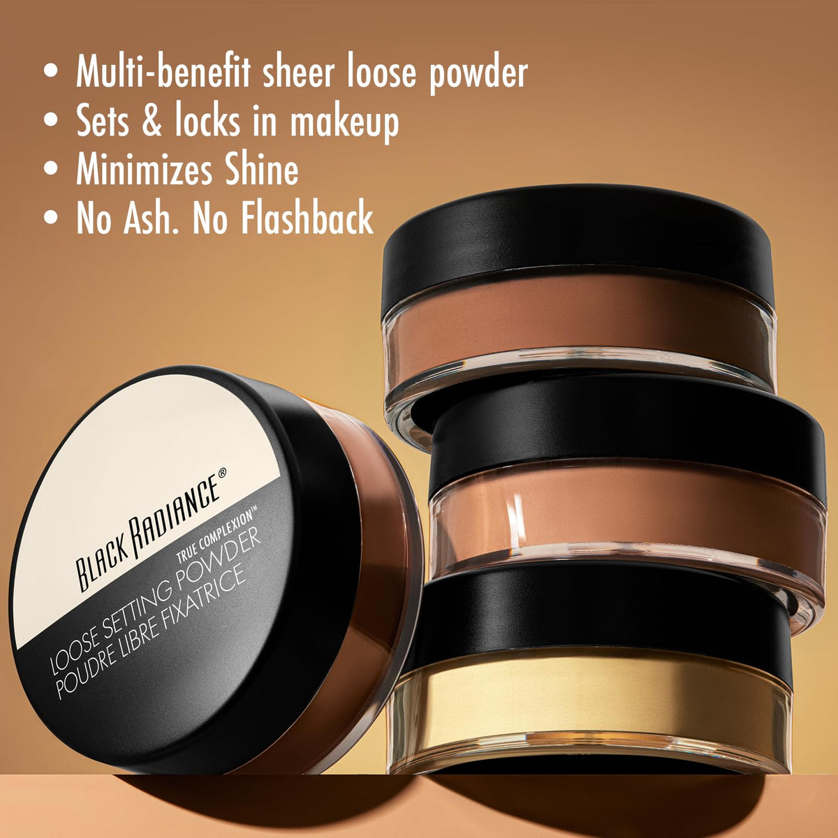 Black Radiance open sifter revealing silky loose powder texture and blendability