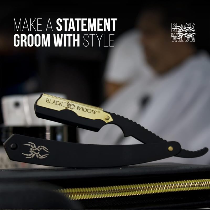 Black Widow razor in use by barber showing clean fades and steady handling