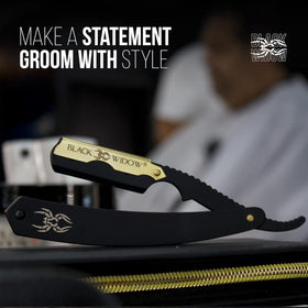 Black Widow razor in use by barber showing clean fades and steady handling