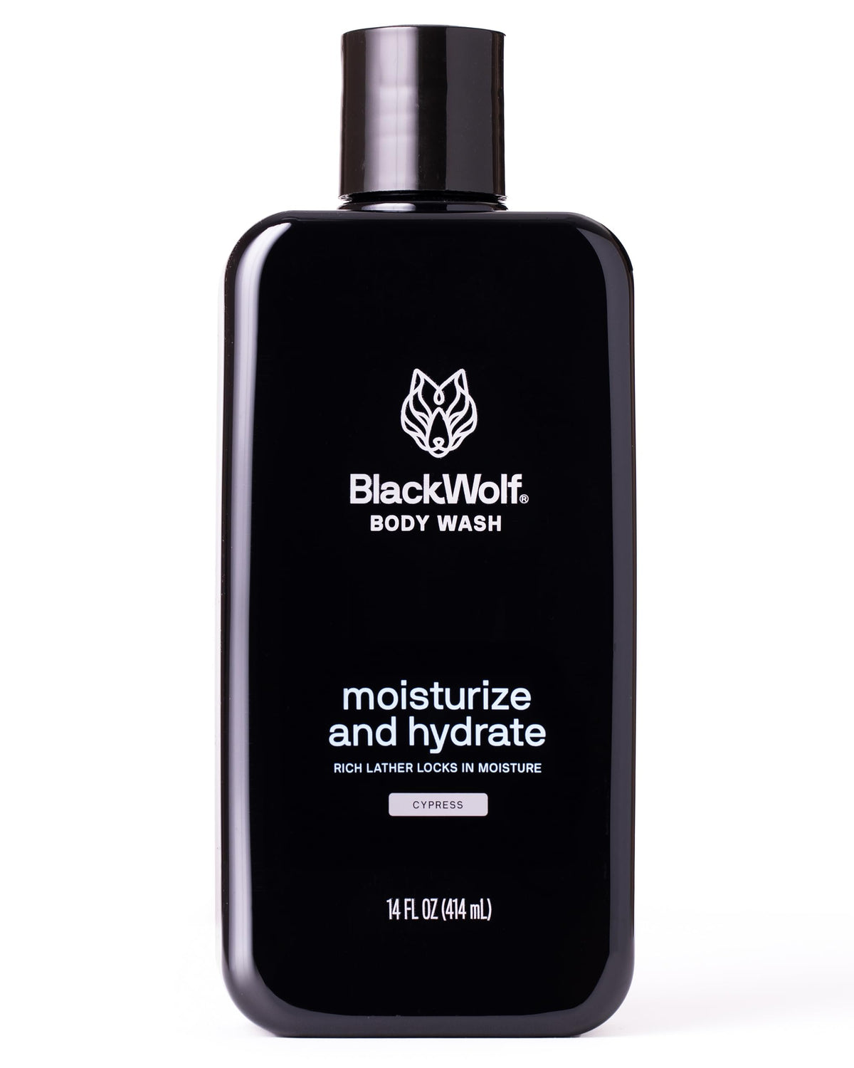 Black Wolf front packaging showing sandalwood label and 10 fl oz size for confident grooming