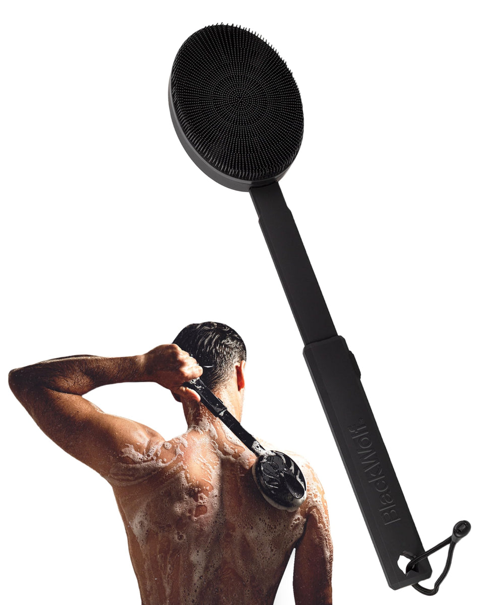 Black Wolf front view of vibrating silicone scrubber showing shape and controls for efficient cleansing