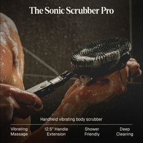 Black Wolf scrubber with 12.5 inch handle attached demonstrating easy back reach and coverage