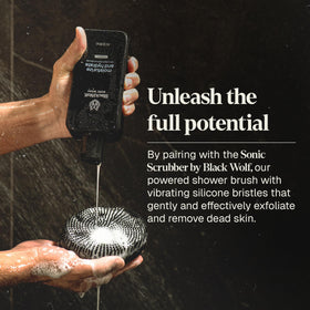 Black Wolf in shower lifestyle image with man using the wash for refreshed skin after workout