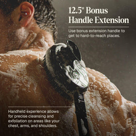 Black Wolf handheld scrubber in palm showing compact use and precise cleansing benefit
