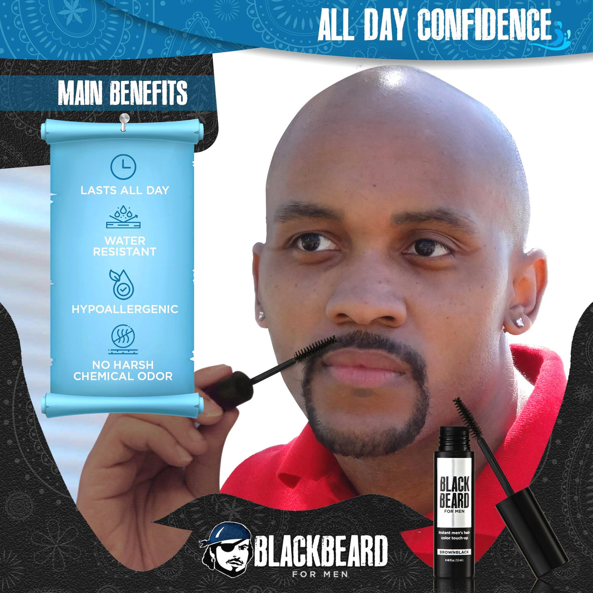 Blackbeard for Men being brushed onto beard for instant coverage