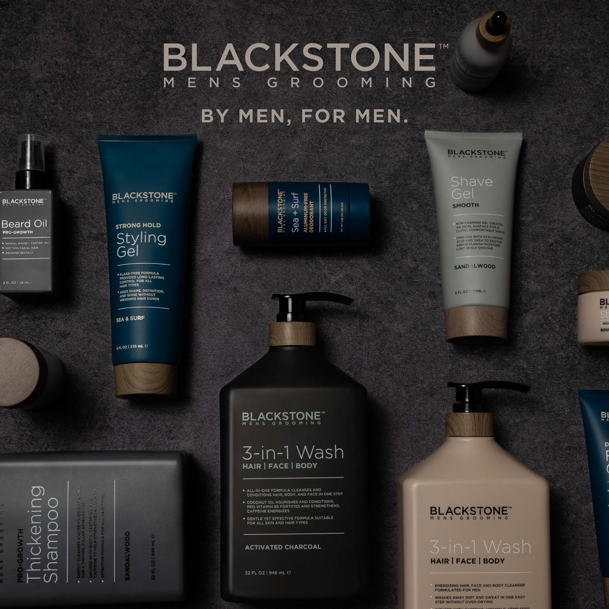 Blackstone face wash on bathroom counter showing daily grooming and refreshing finish