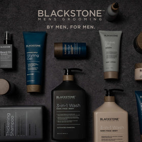 Blackstone face wash on bathroom counter showing daily grooming and refreshing finish