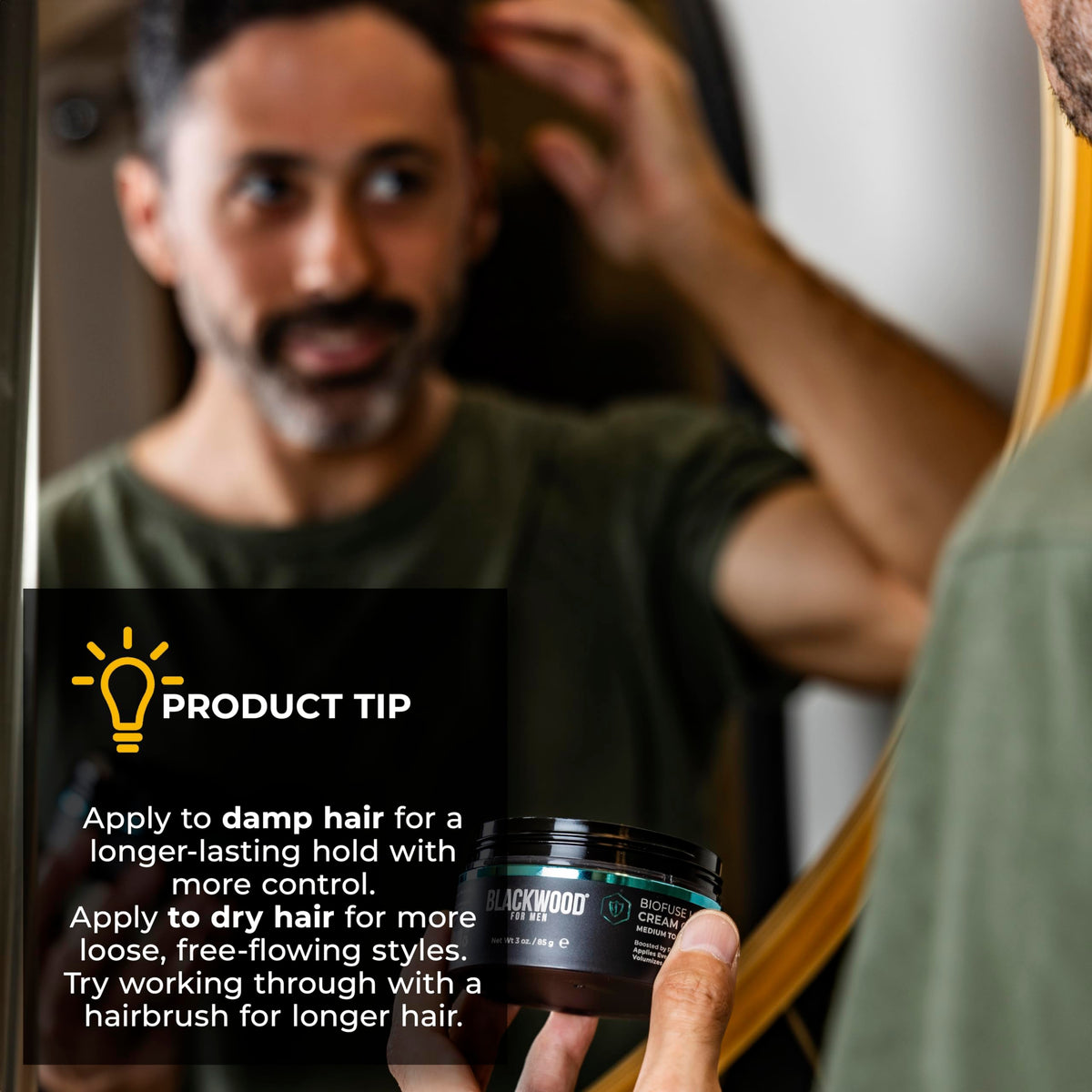 Bathroom shelf with Blackwood For Men pot illustrating everyday grooming ease