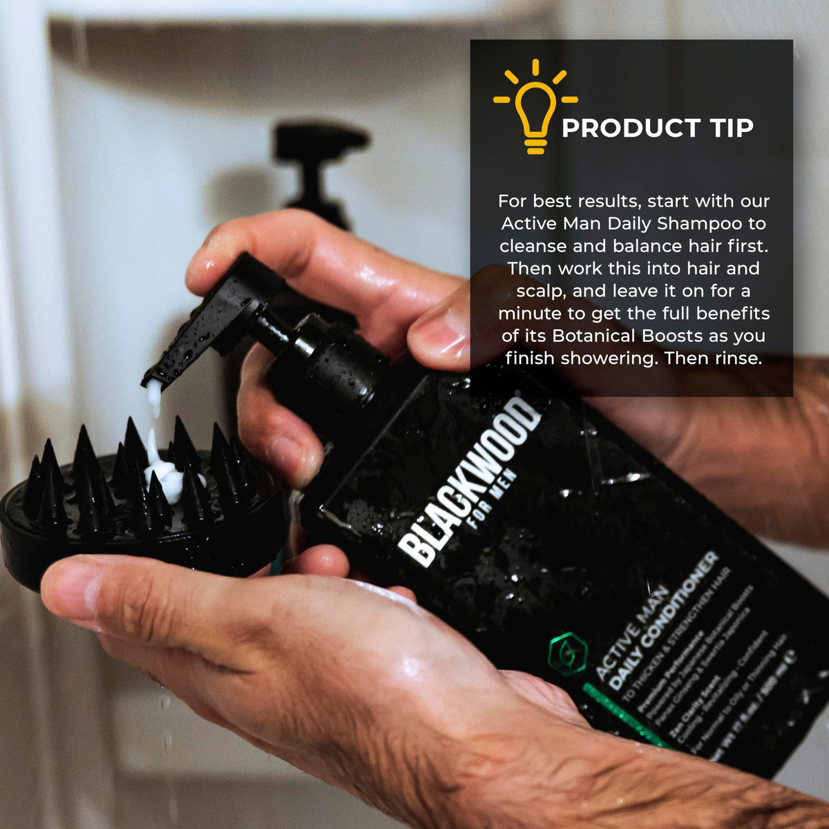 Blackwood For Men bottle on bathroom shelf in lifestyle setting conveying daily routine