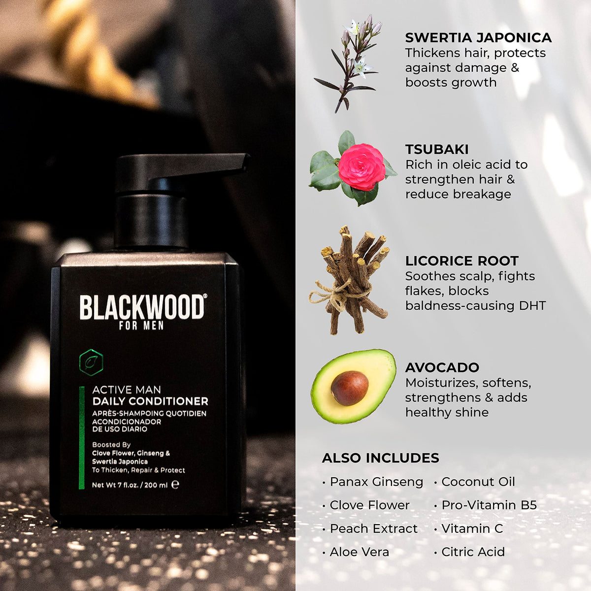 Blackwood For Men bottle in hand for scale indicating 7 oz size