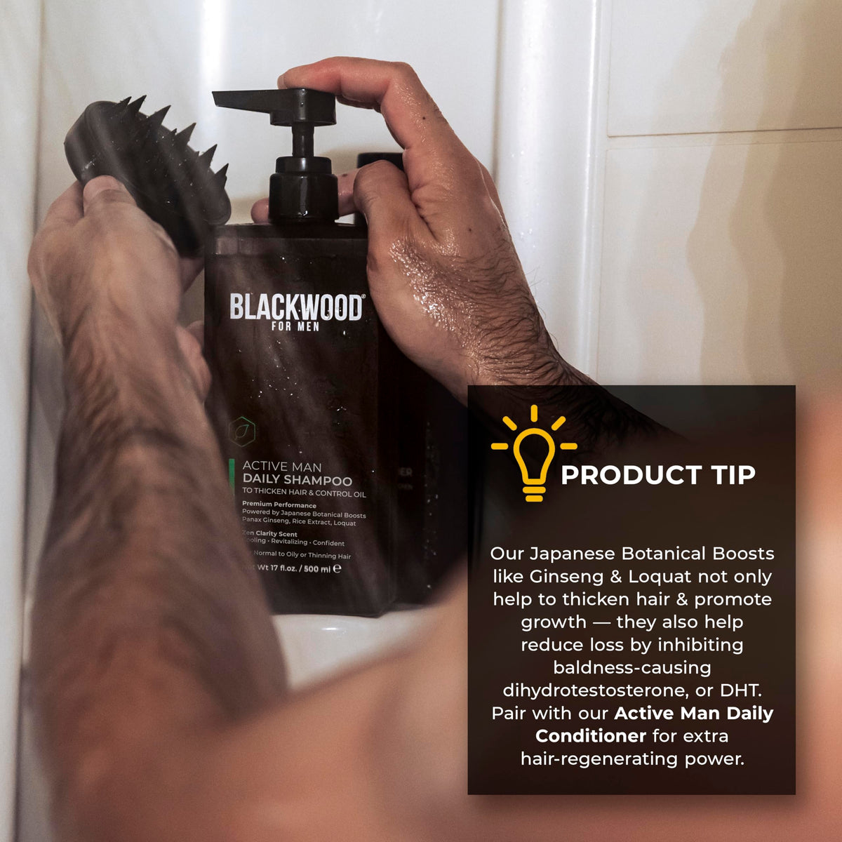 Blackwood For Men bottle held in hand to show 17oz size and scale