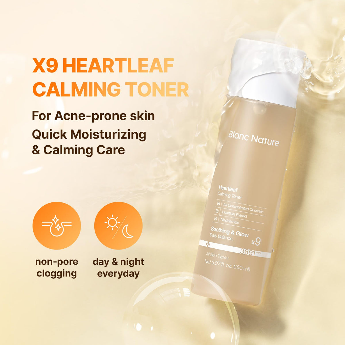 BLANC NATURE close-up of watery toner droplet demonstrating lightweight absorption