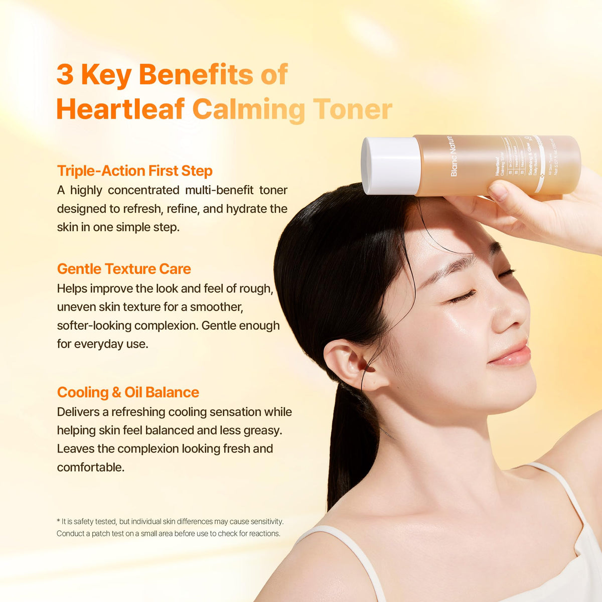 BLANC NATURE toner pouring into hand to show fast-absorbing texture and hydration