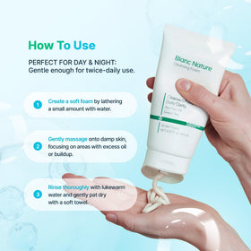 BLANC NATURE beside centella leaves emphasizing soothing benefit for sensitive skin