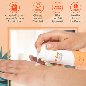 BLDG ACTIVE applied to model's cheek demonstrating facial hydration and non-greasy finish