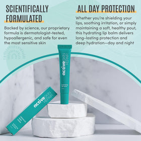 BLDG ACTIVE applying balm on lips demonstrating hydration and soothing benefit
