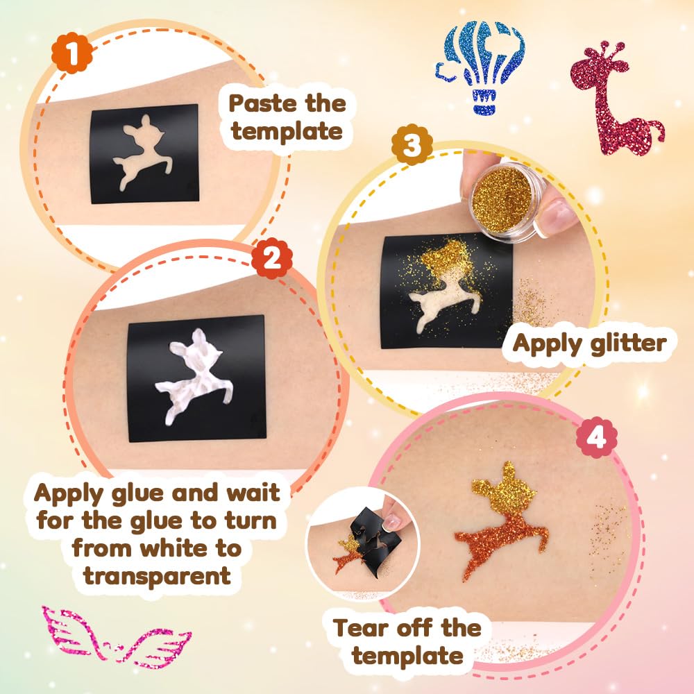 Bledras glitter application in process illustrating quick, tidy temporary tattoos