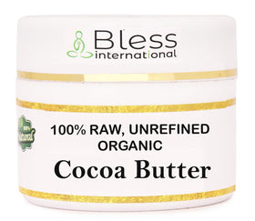 Bless International jar front view showing pure cocoa butter and organic label benefit