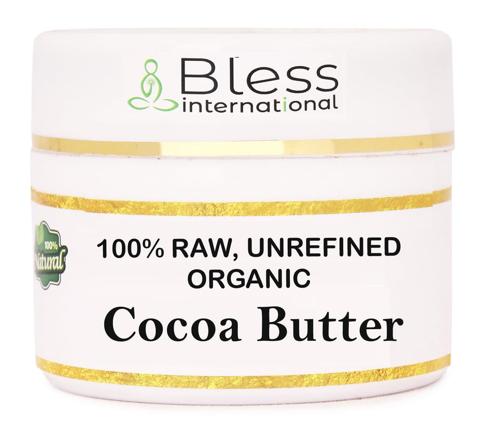 Bless International jar front view showing pure cocoa butter and organic label benefit