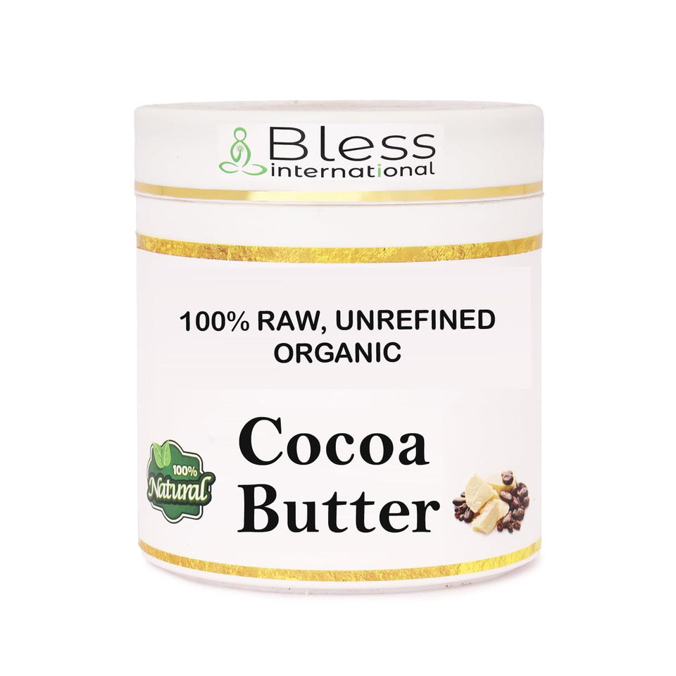 Bless International front jar showing 1 lb packaging and pure cocoa butter benefits