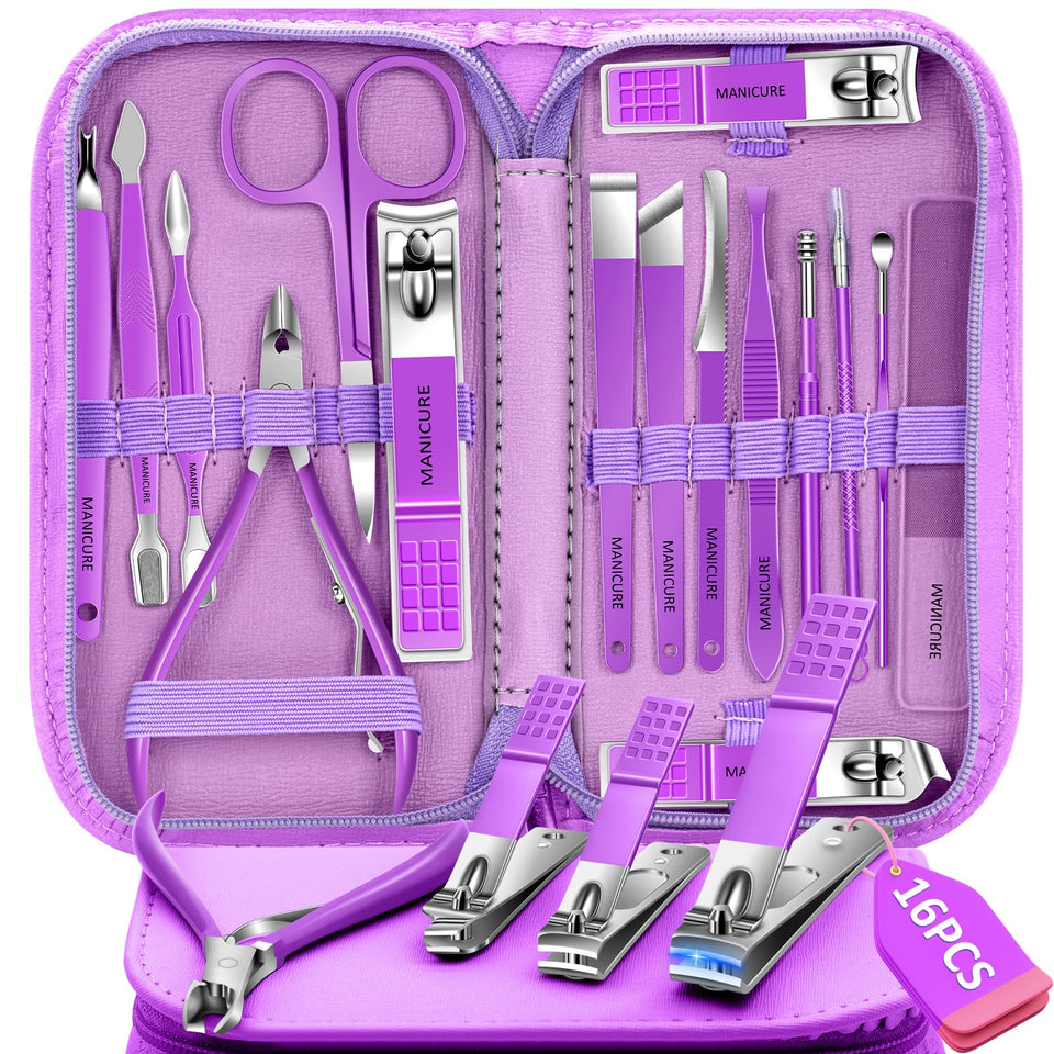 BLESWIN manicure set front view showing purple case and organized tools for easy travel