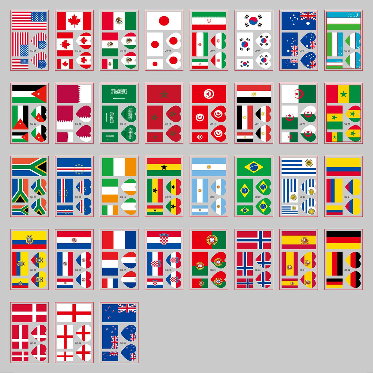 BLGTGH front packaging showing 35 world flag tattoo sheets, quick selection benefit