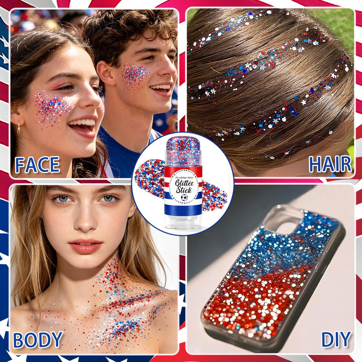 BliBling applied on cheek demonstrating quick festival-ready face glitter for bold patriotic accents