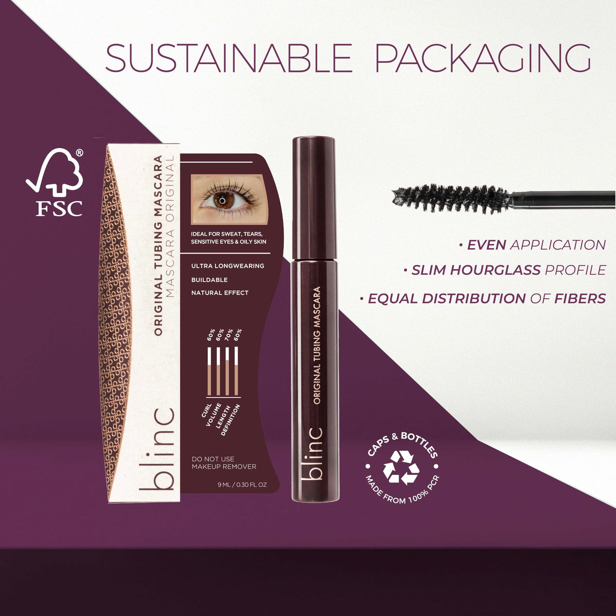 split image of lashes before and after blinc mascara demonstrating visible length and no clumps