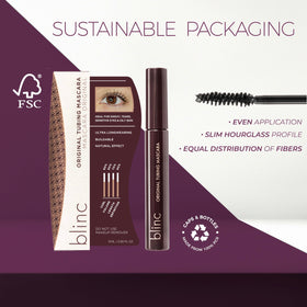 split image of lashes before and after blinc mascara demonstrating visible length and no clumps