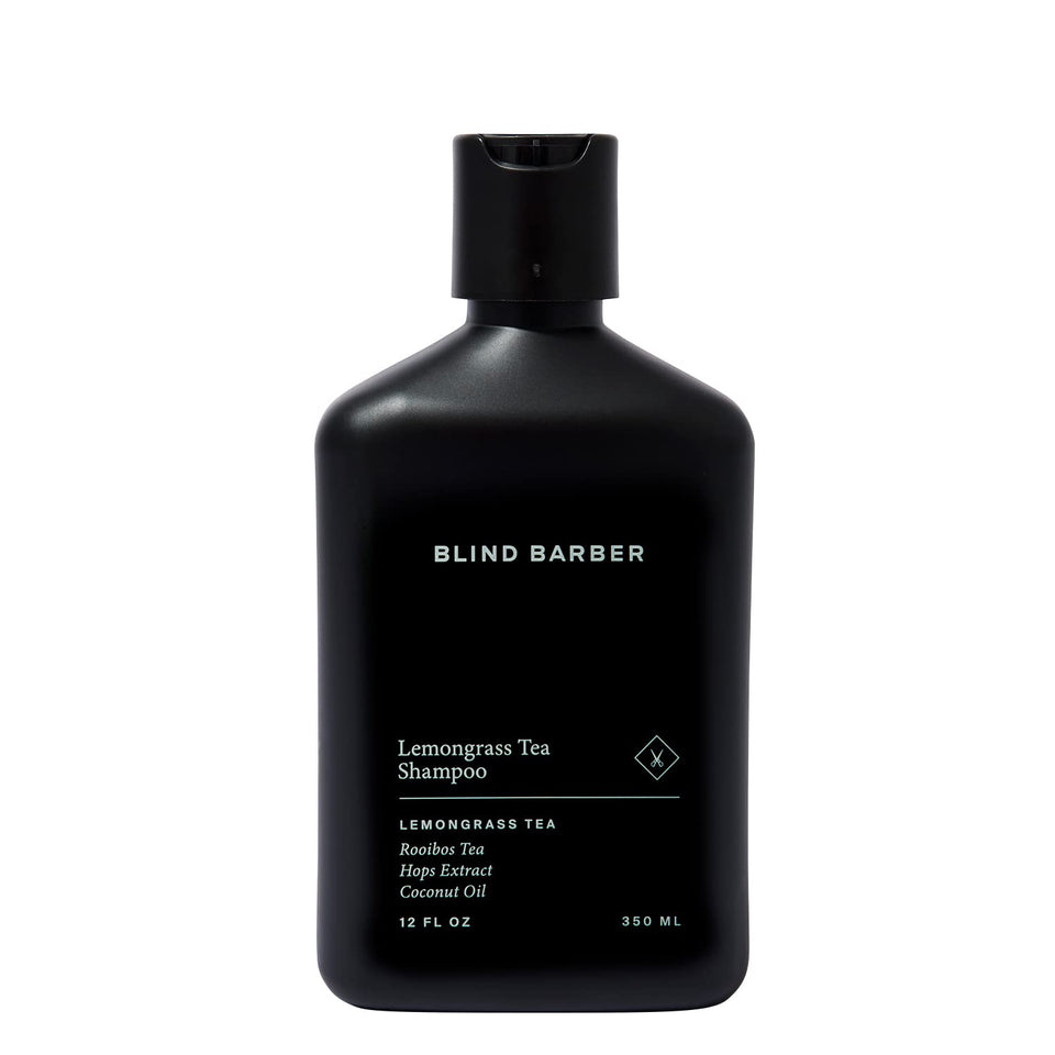 Blind Barber front bottle shot highlighting lemongrass tea scent and clean formula benefit