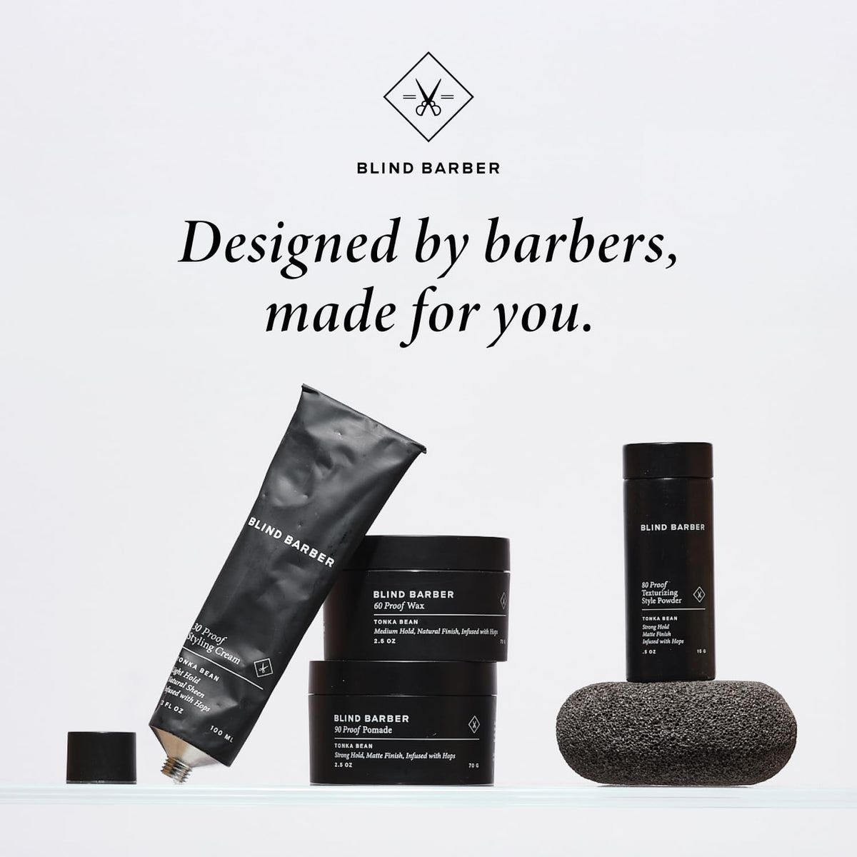 Bathroom vanity lifestyle with Blind Barber jar showing daily routine and aesthetic benefit