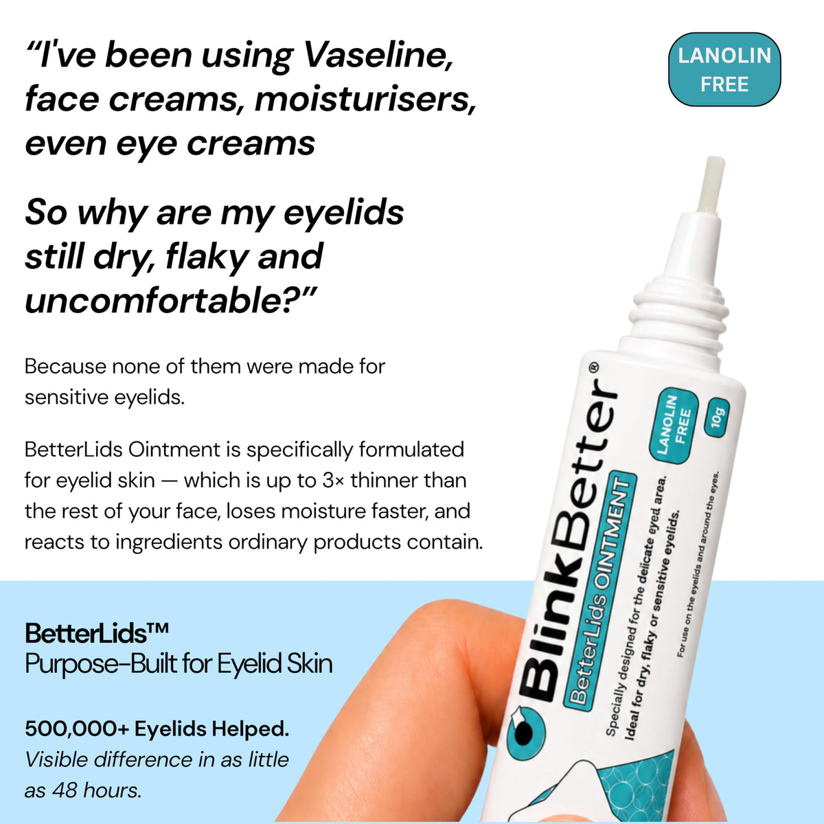 Person applying BlinkBetter near eye demonstrating gentle application and comfort benefit