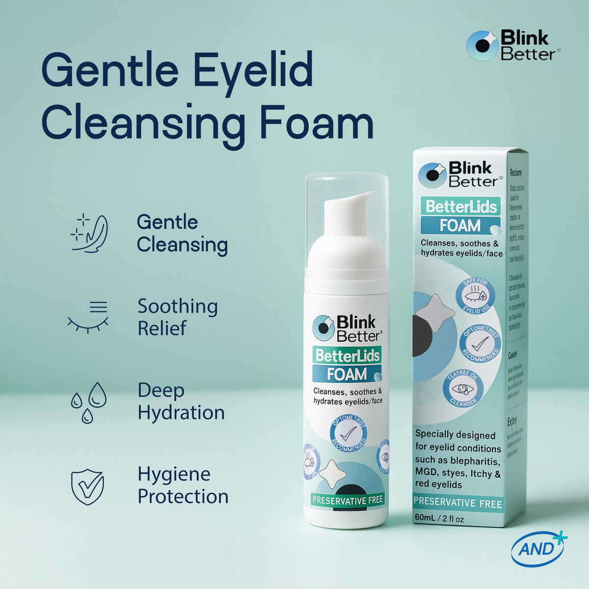 BlinkBetter foam on fingertip ready for gentle eyelid cleansing benefit