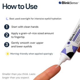 BlinkBetter BetterLids label close-up revealing ingredient list and usage guidance benefit