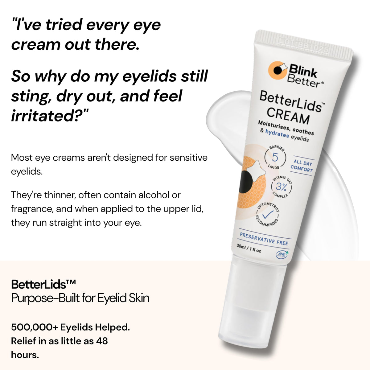 BlinkBetter ingredient label with oat and ceramide details for barrier-support transparency