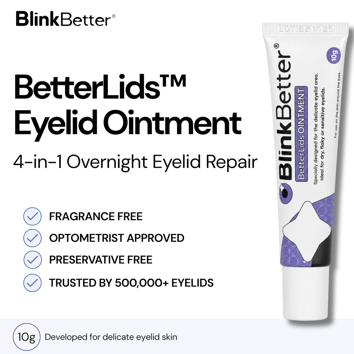 BlinkBetter BetterLids open cap showing ointment texture and moisturising consistency