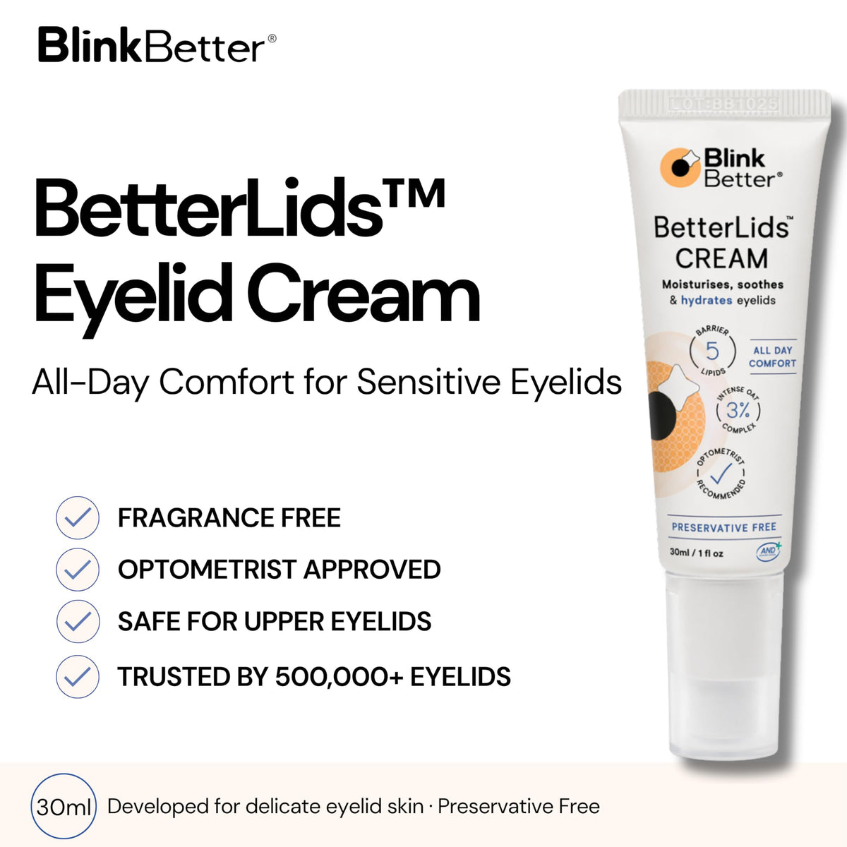 BlinkBetter cream texture close-up highlighting lightweight non-greasy feel for easy absorption