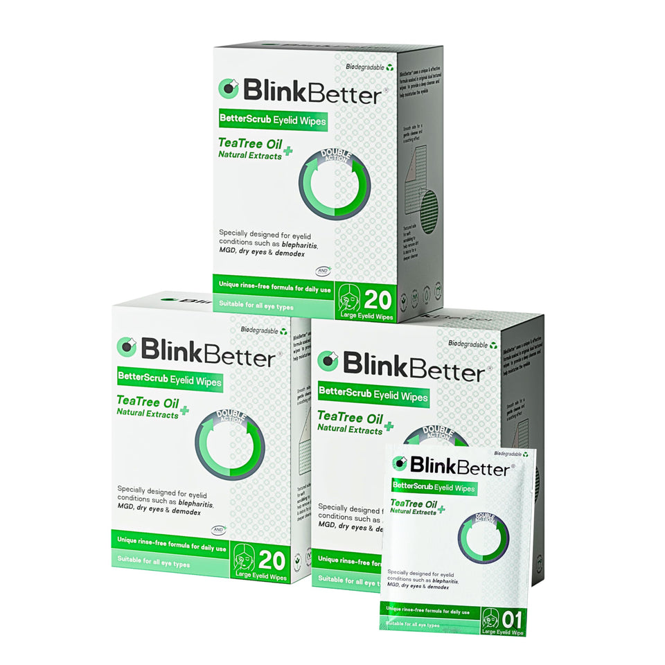 BlinkBetter front packaging tub showing brand and pack benefits for easy identification