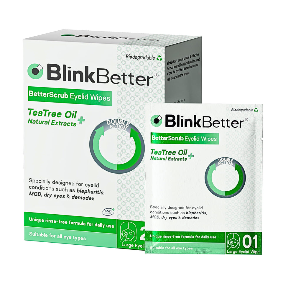 BlinkBetter front packaging showing 20-count wipes and product name for easy identification and relief