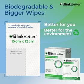 BlinkBetter ingredients label close-up listing tea tree oil, chamomile, and aloe vera for soothing benefits